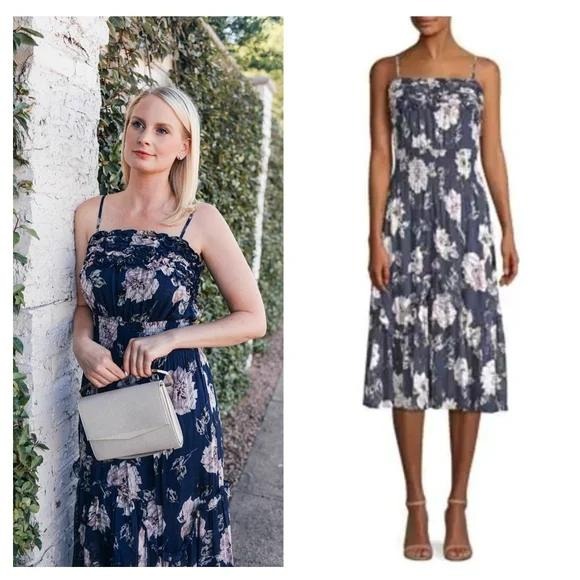 Rebecca Taylor Dress Womens Extra Small Magnolia Silk Blend Floral Midi Navy - Picture 2 of 12